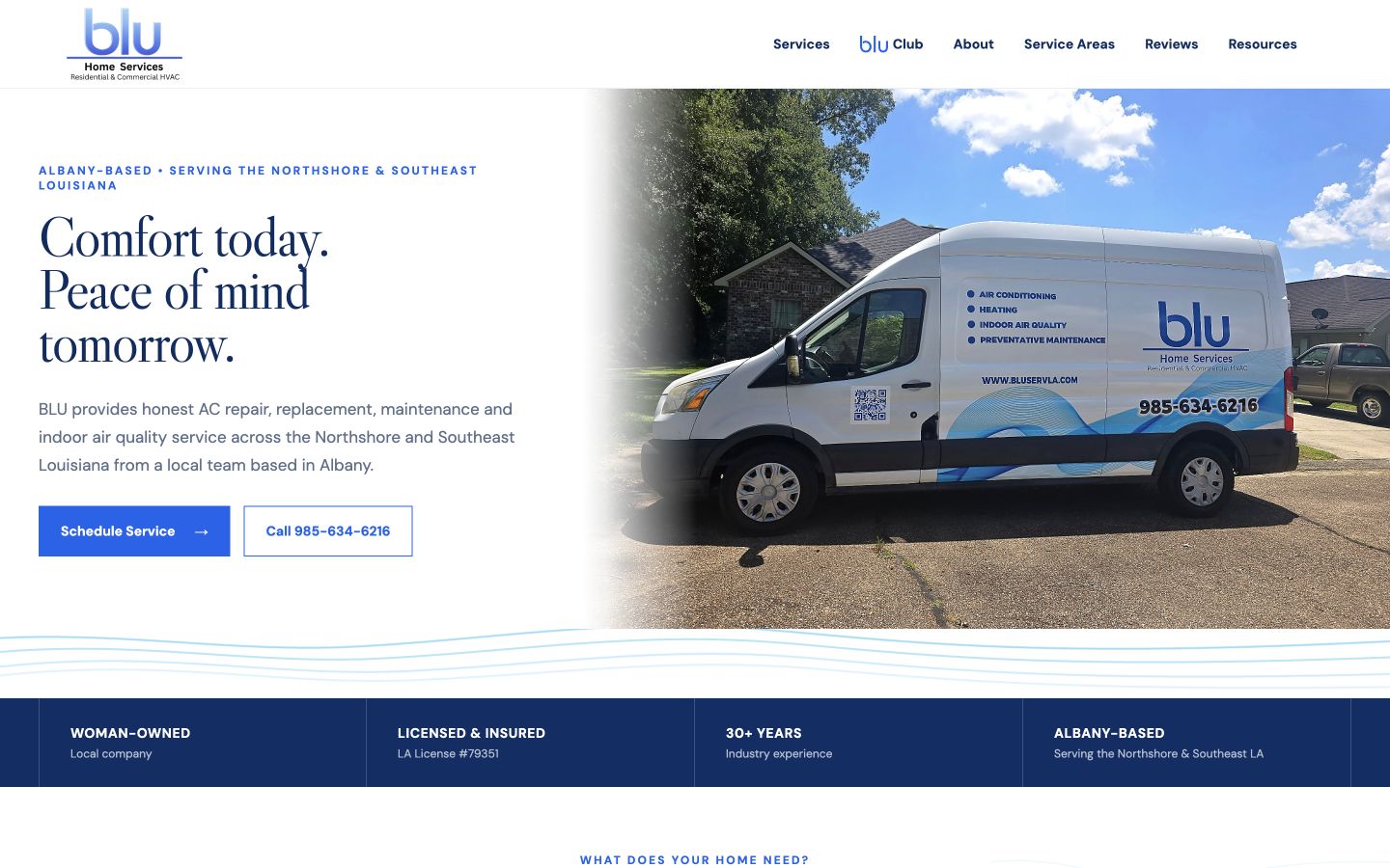 BLU Home Services website showing HVAC services and a clear appointment request