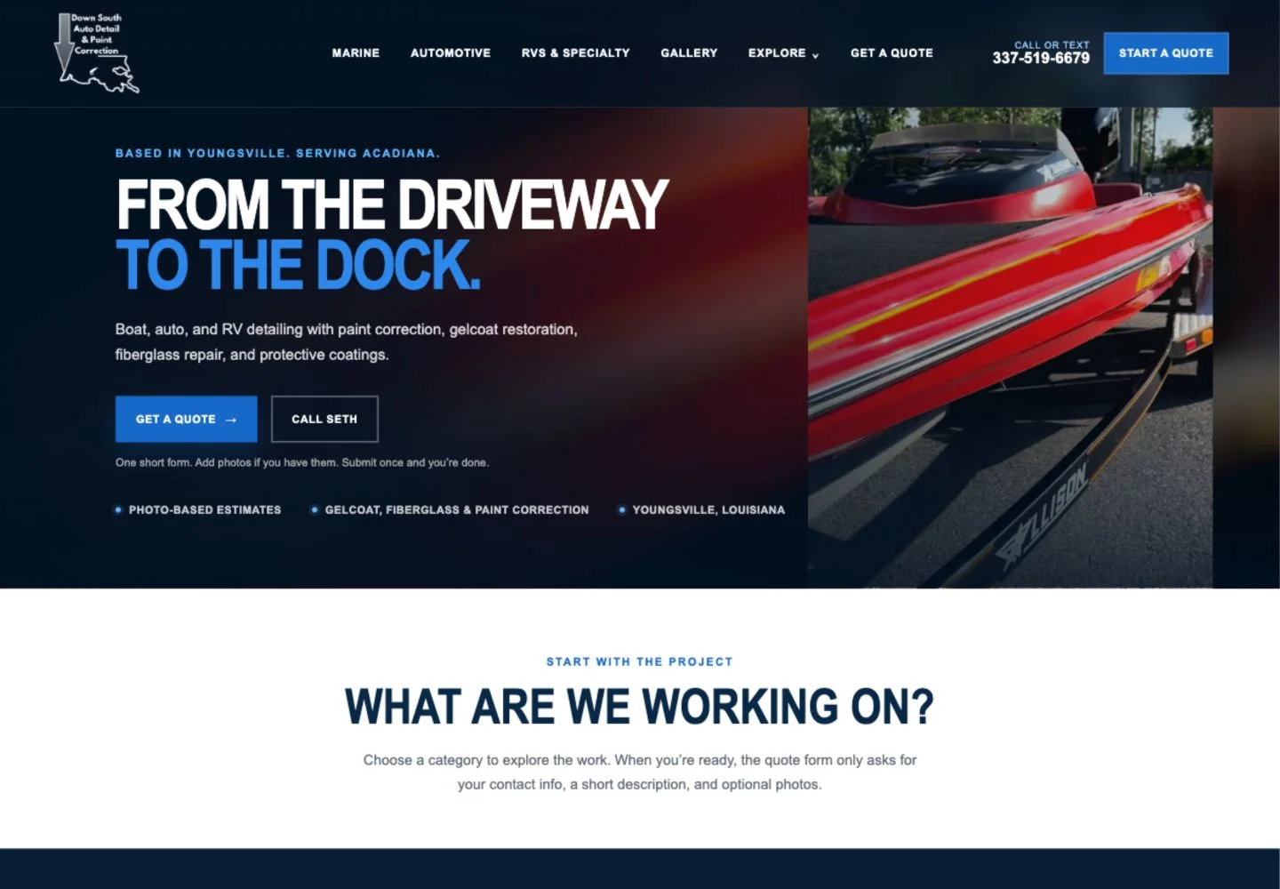 Screenshot of Down South’s live website with its service navigation and quote call to action