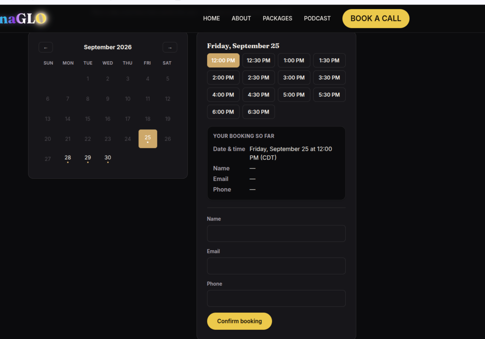 Glo custom appointment calendar with available times and a booking summary